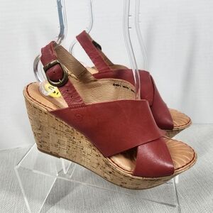 Born Size 9 M Leather Wedge Sandals Slingback Platform Open Toe Red Berry Color
